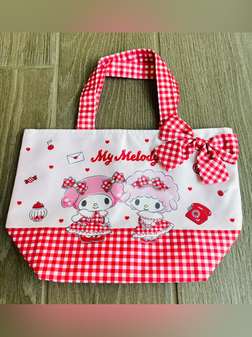 Sanrio My Melody Pink/Red Lined Nylon Tote Bag size 12”x8”x5”